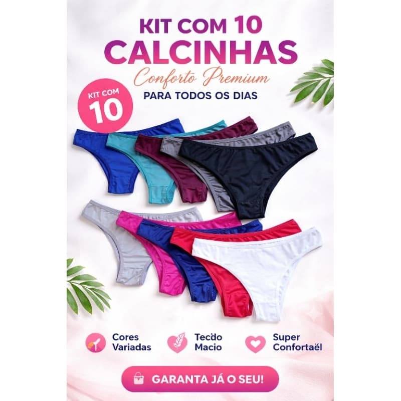 kit com 10 calcinhas conforto femininas com forro 100% algodão cintura baixa cores variadas