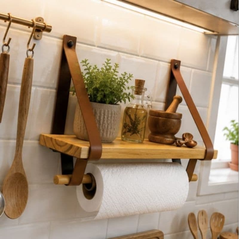 Prateleira de Madeira com Suporte Toalhas de Banho , Guardanapos  - Alça de Couro Decoração para Banheiro e Cozinha