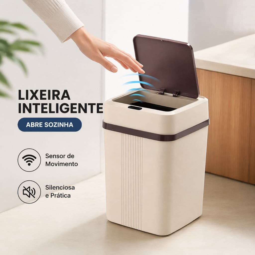 Lixeira Inteligente para Cozinha com Sensor de Movimento e Tampa Automática Banheiro