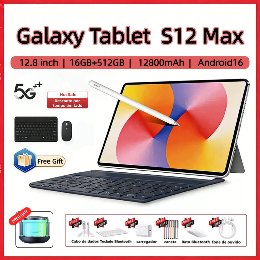 【Teclado e mouse gratuitos】Galaxy Tablet S12 Max 12,8 polegadas 12800mA 16GB+512GB Android 5G Gaming Tablet - Promoção