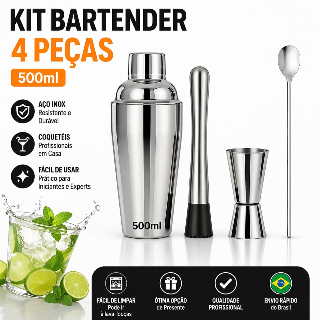 Kit Coqueteleira Inox 500ml 4 Peças Profissional Caipirinha Muddler Colher Dosadora