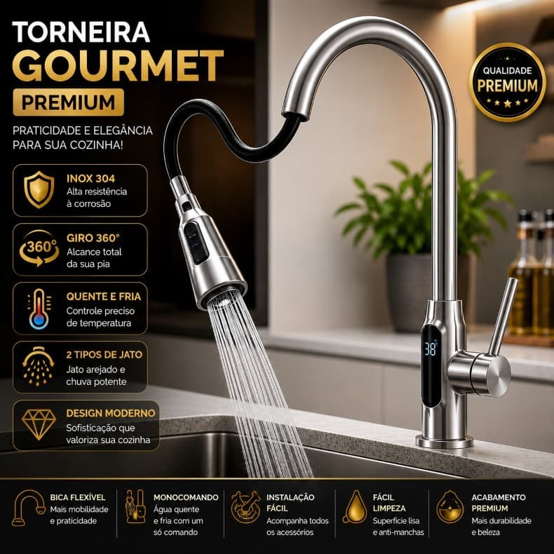 Torneira Gourmet Cozinha Com Extensor Flexível Visor de Temperatura e Giratória 360°