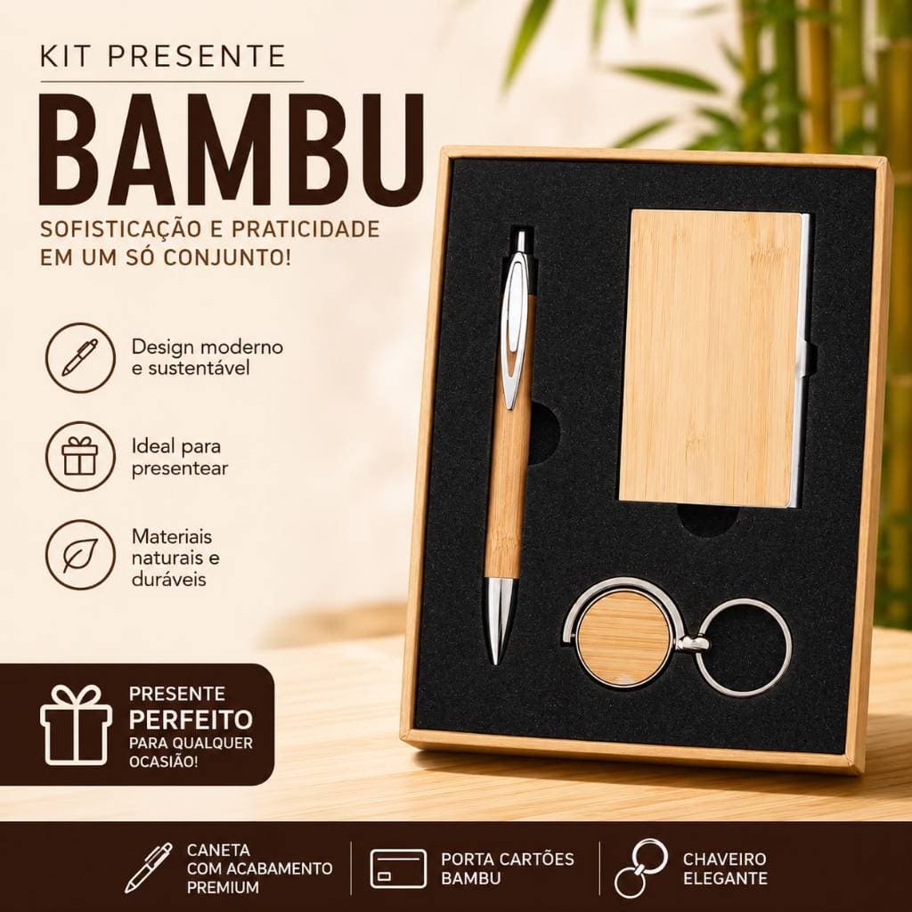 Kit Presente Personalizado com Nome | Caneta, Porta Cartão e Chaveiro em Bambu | Brinde Corporativo