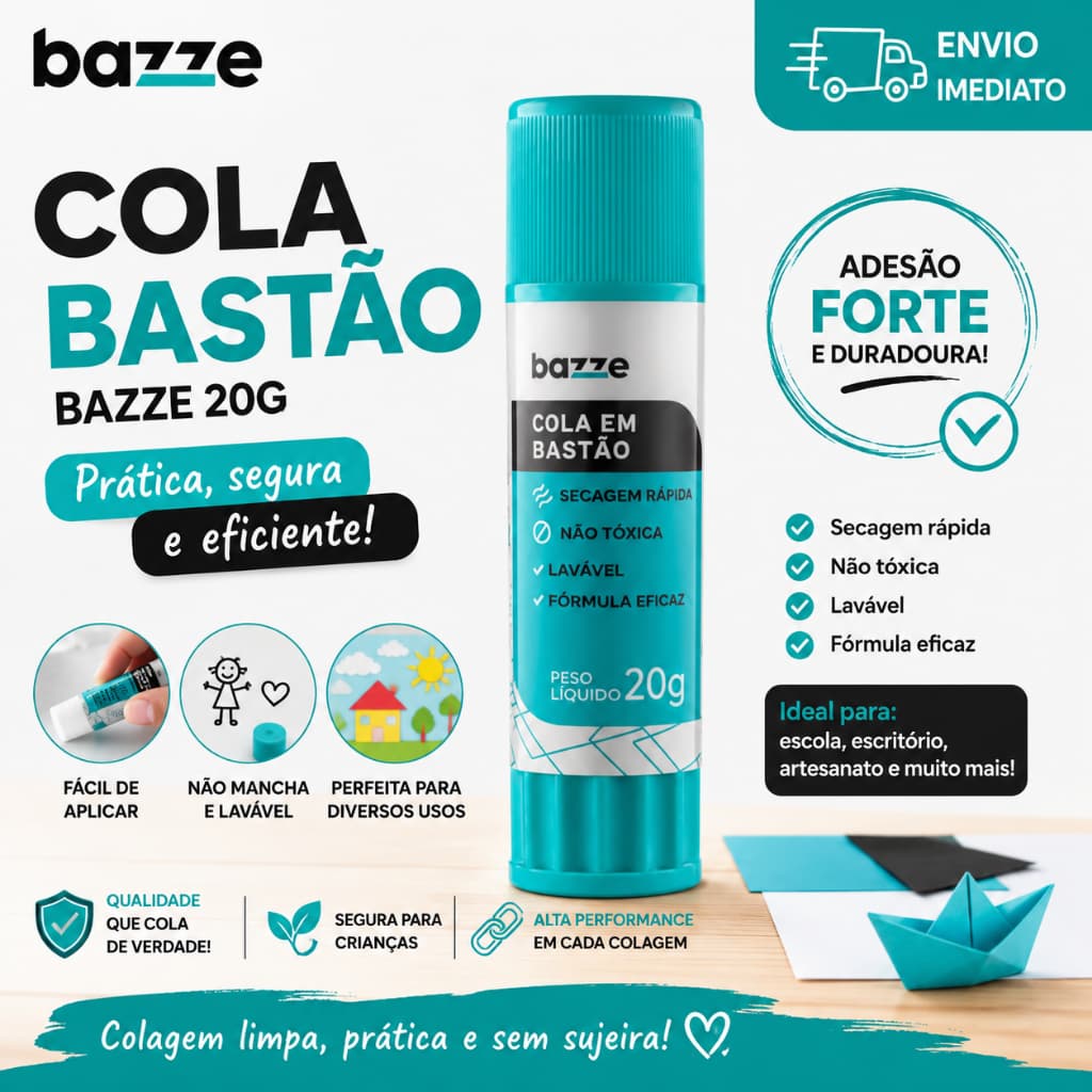 Cola Bastão 10g Bazze Lavável Não Tóxica Escolar Papel Artesanato Escritório