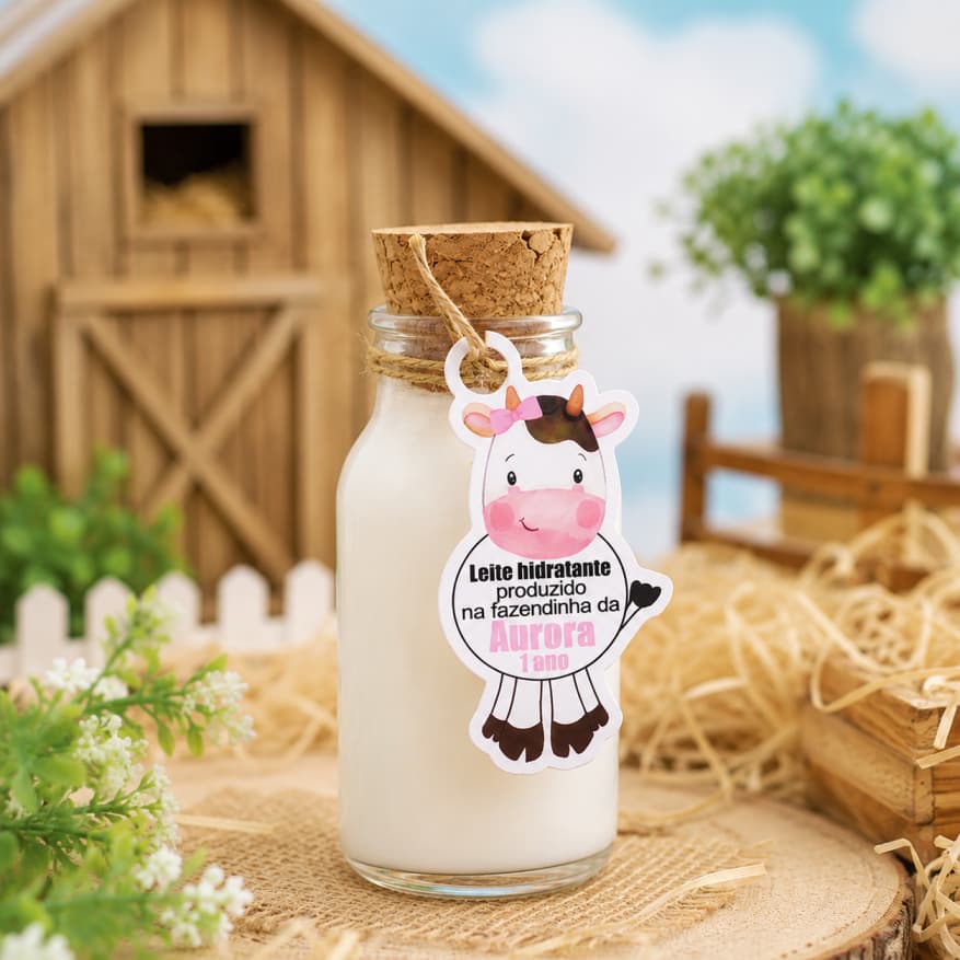 Tag de pendurar Lembrancinha Garrafinha Manchinha Vaca Vaquinha Decoração Festa Fazendinha Aquarela menino rosa