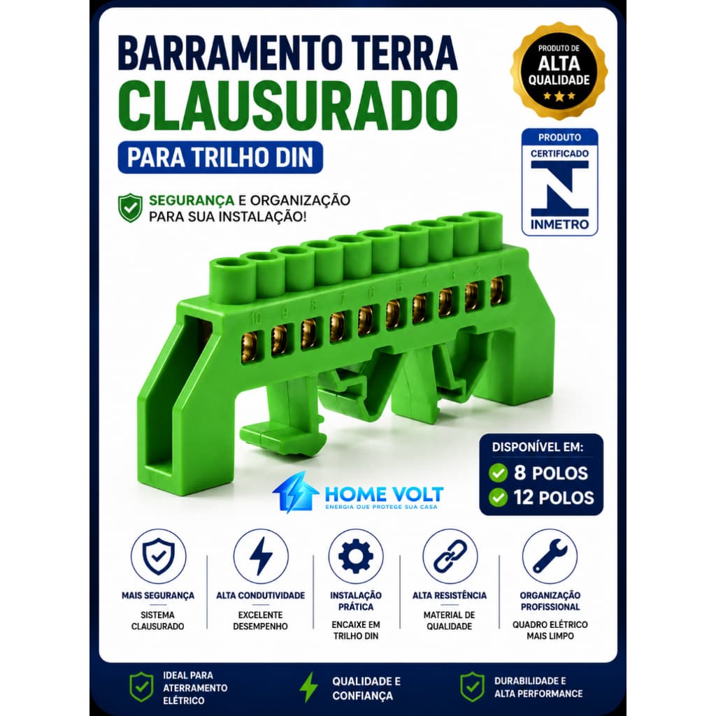 Barramento Terra Clausurado Trilho Din 8 e 12 Polos Verde Alta Resistência Elétrico DIN  com INMETRO