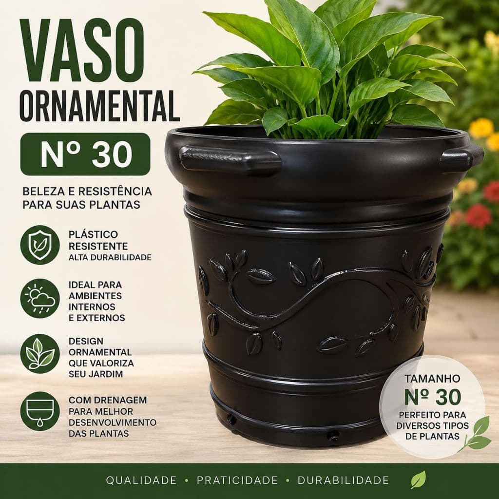 Vaso Ornamental Nº 30 - 30 Litros Redondo Preto Plástico para Plantas Jardim e Flores