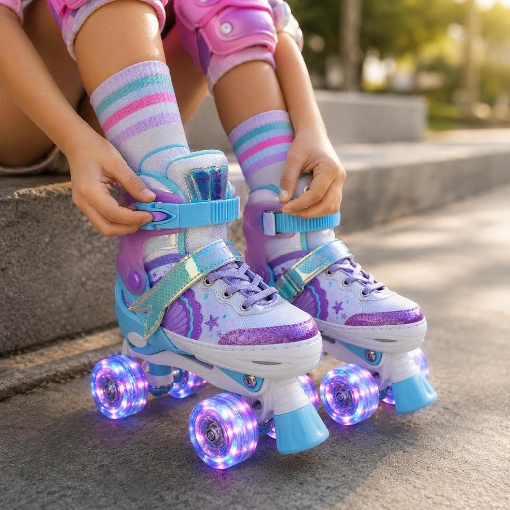 Patins Infantil Ajustável 4 Rodas Kit - Proteção Rodinha/Led
