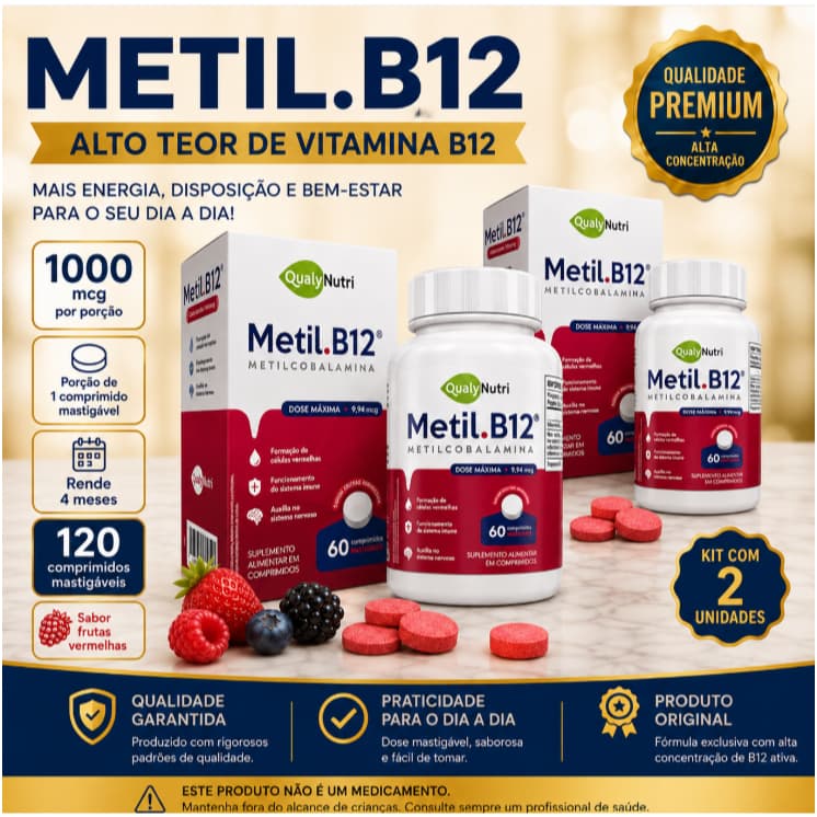 Vitamina B12 Metilcobalamina 1000mcg 120 Comprimidos Mastigáveis ​​Sabor Frutas Vermelhas