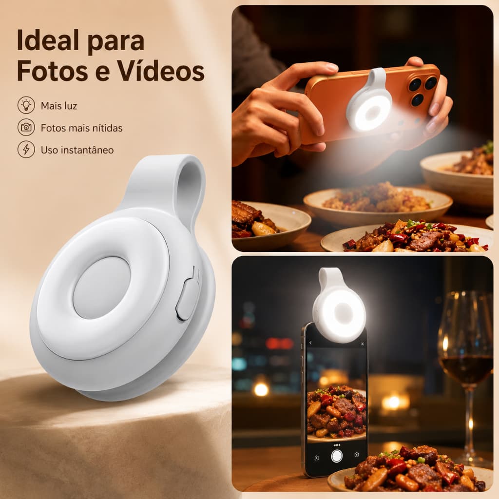 Flash magnético para celular com clipe, ideal para fotos noturnas