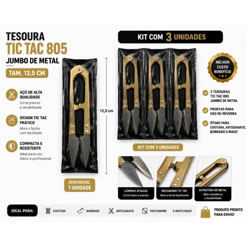TESOURA TIC TAC 805 JUMBO DE METAL DOURADA
