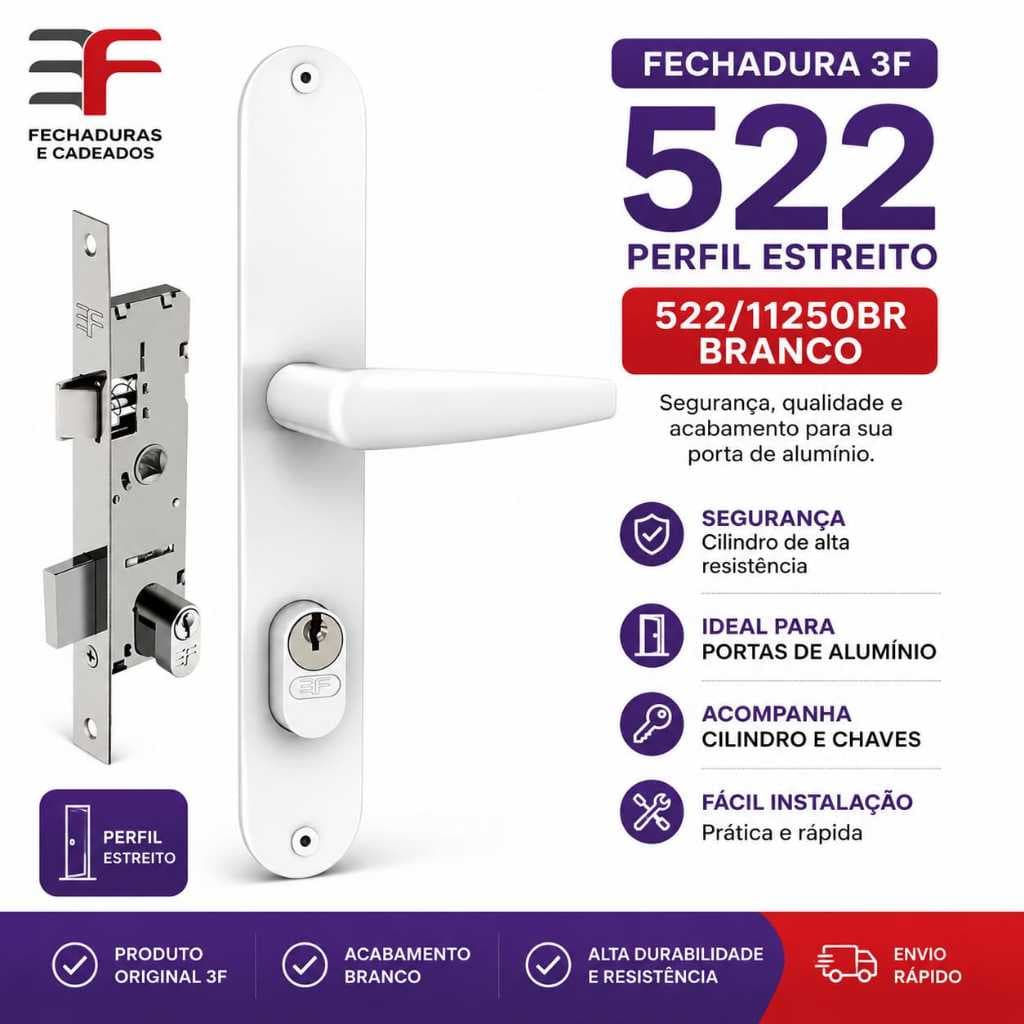 Fechadura 3F Perfil Estreito 522/11250BR BRANCA para Porta de Alumínio com Cilindro e Chaves Original