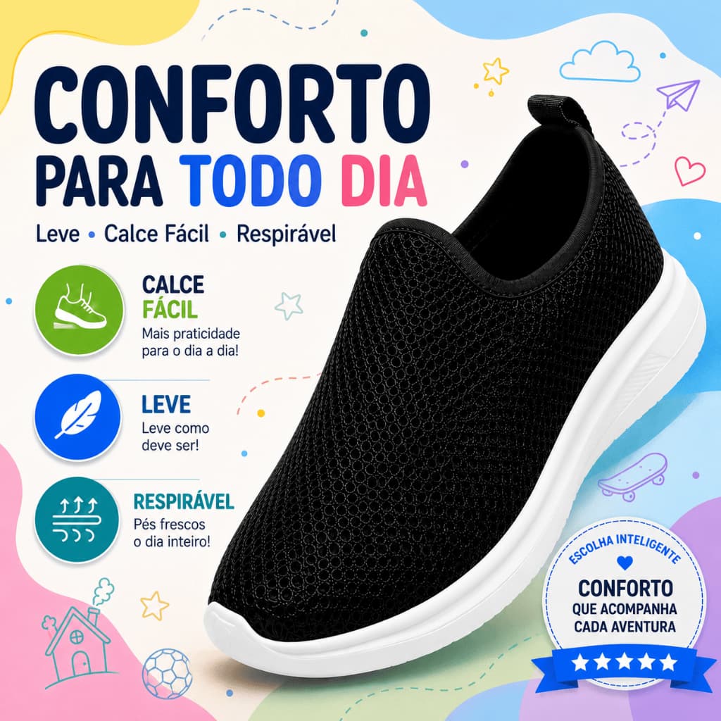 Tênis Infantil Casual Calce Fácil Menino Menina Unissex Escolar Leve Respirável Macio Antiderrapante