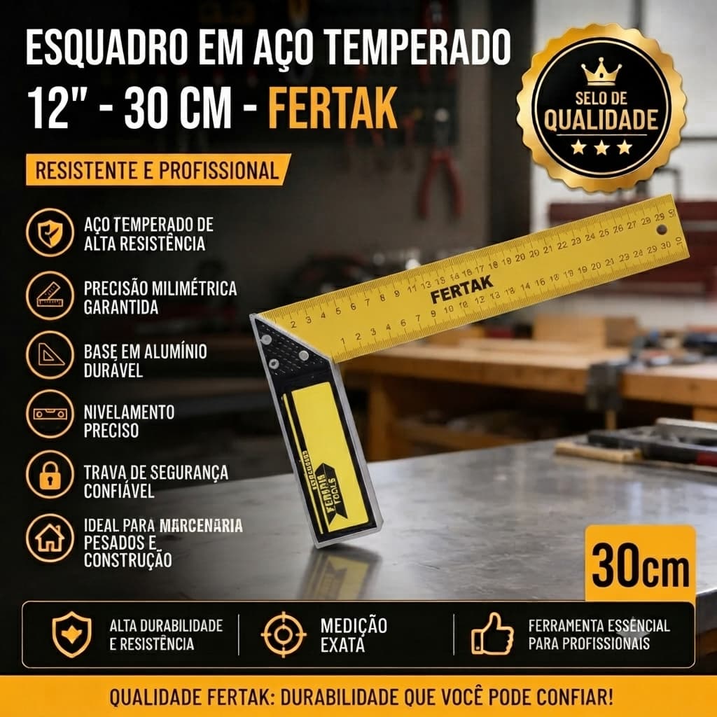 Esquadro em Aço Temperado 12" 30 cm Ferramenta Obra Medição Preciso Durável Fertak