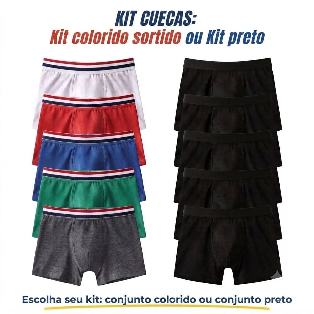 kit 05 Cuecas Boxer Primeira Linha PRETA / COLORIDAS 150 de Gramatura Elástico de 4 cm