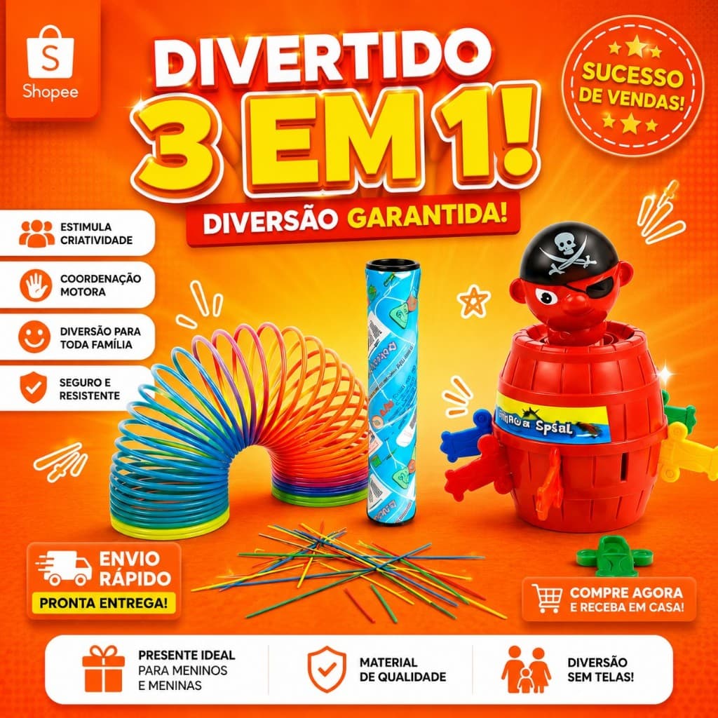 Brinquedos Infantis Educativos Kit 3 em 1 Pula Pirata Pega Varetas Mola Maluca Jogo Criança