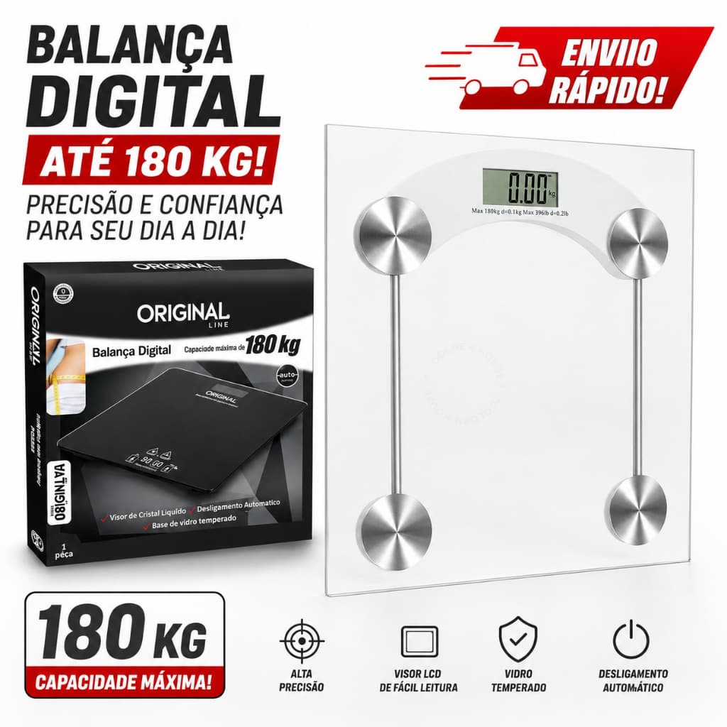 Balança Digital Corporal 180kg Vidro Temperado Display LCD Portátil