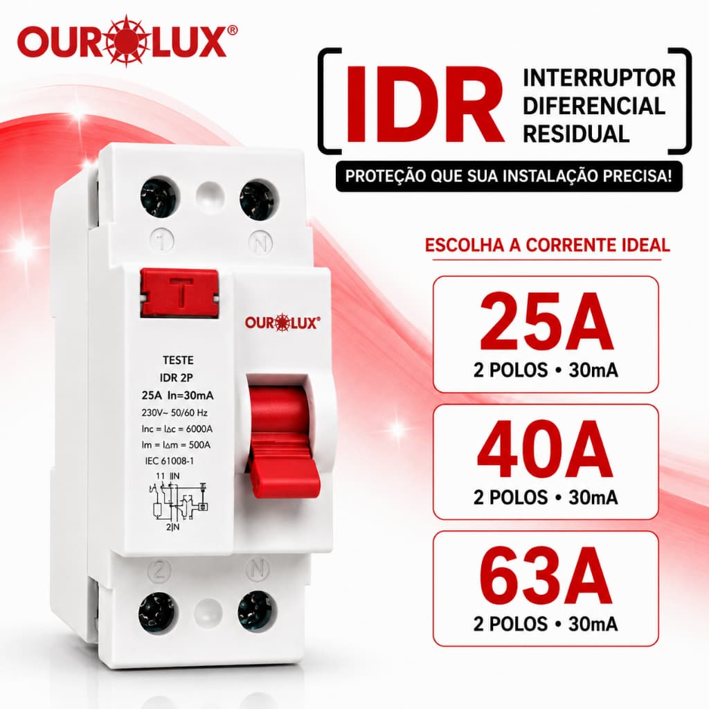 Interruptor Diferencial Residual DR IDR Bipolar 25a 40a 63A 6kA Trilho DIN Ourolux