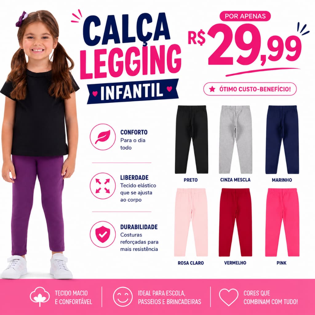 Kit Sortido 3 e 5 Calças Leggings Infantil Menina Cotton lisa 2 ao 16 anos