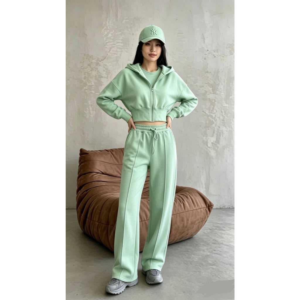 Conjunto Moletom Feminino  Calça longo  com capuz e zíper moda inverno top
