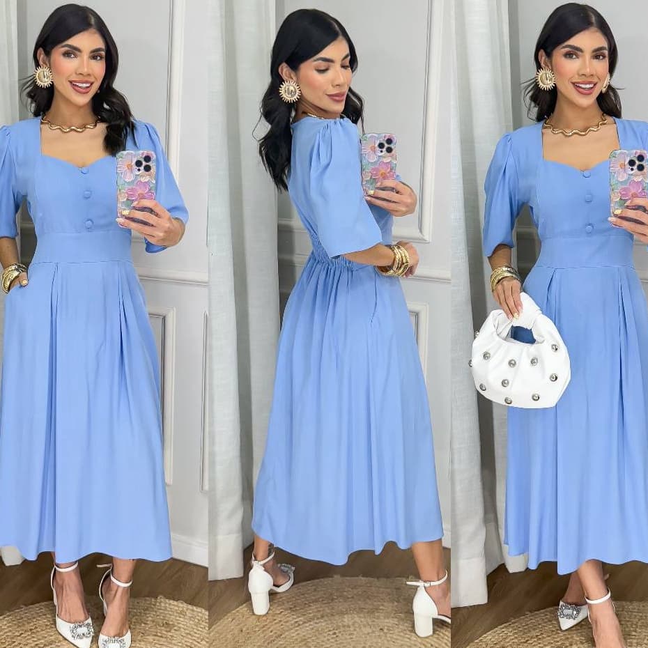 Vestido Midi Feminino Manga Princesa Soltinho Casual Elegante Acinturado Evangélico