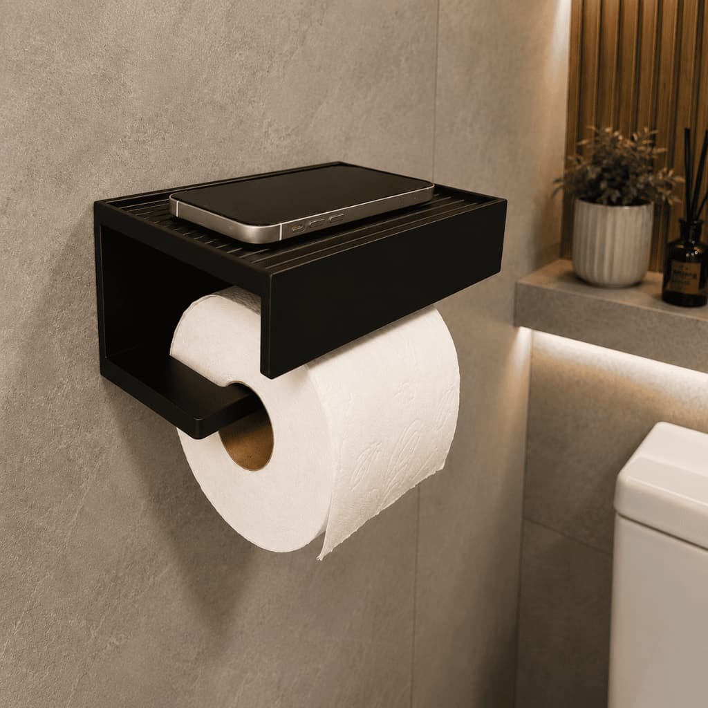 Porta Papel Higiênico Minimalista com Prateleira Suporte Celular Adesivo Já Aplicado