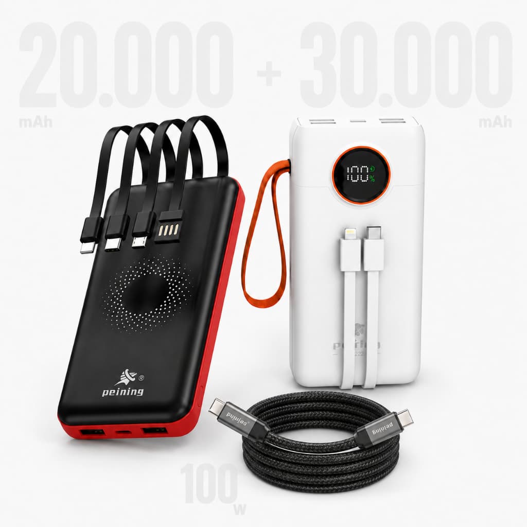 Kit Power Bank 20000mAh Com Indução Vermelho + 30000mAh Branco + Cabo 60W Preto Original Peining