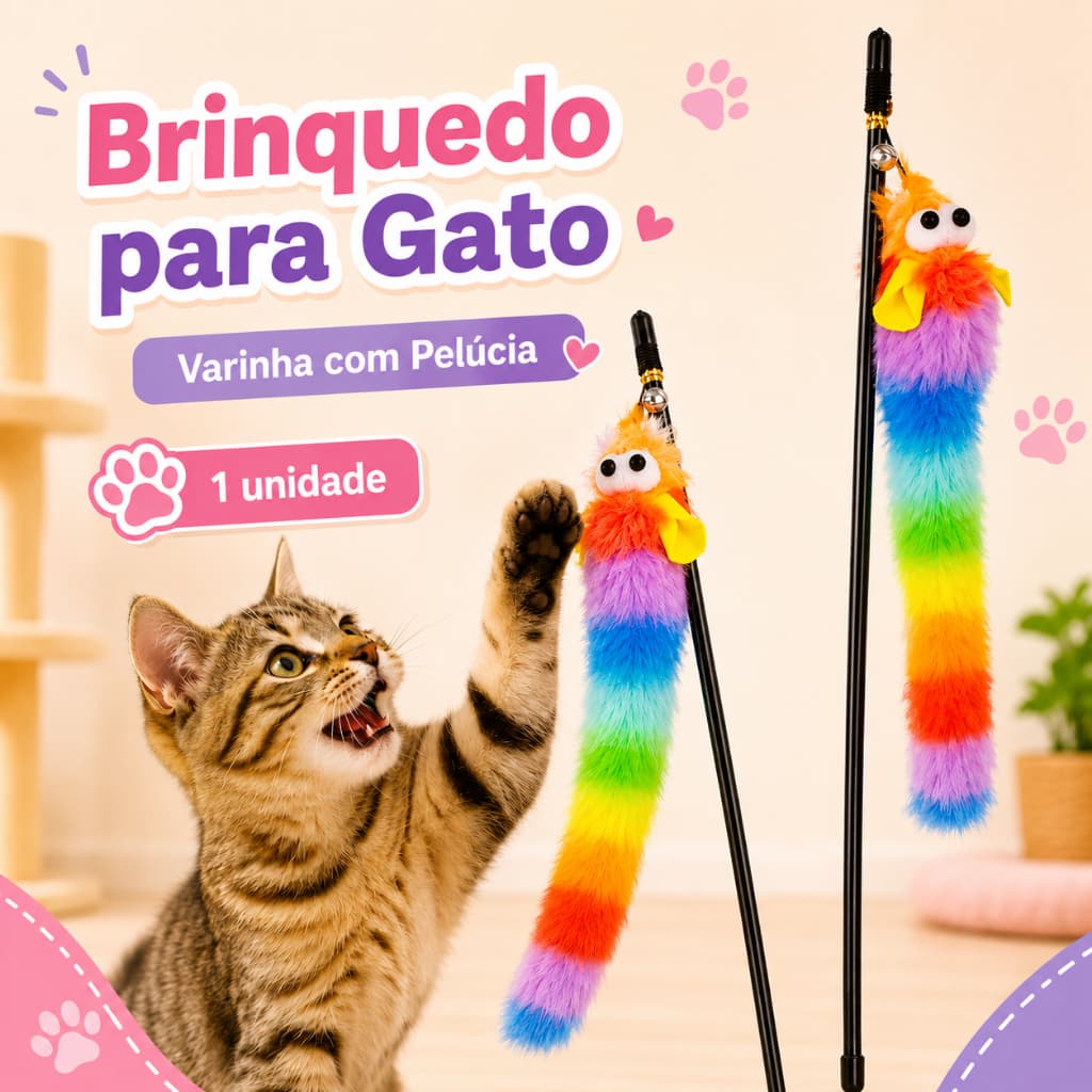 Varinha Brinquedo para Gatos com Pelúcia Colorida e Guizo  1 Unidade Cor Aleatória