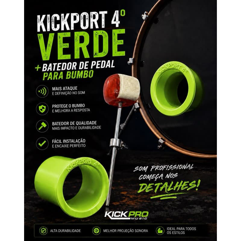 KickPort 4° Verde + Batedor de Pedal Para Bumbo