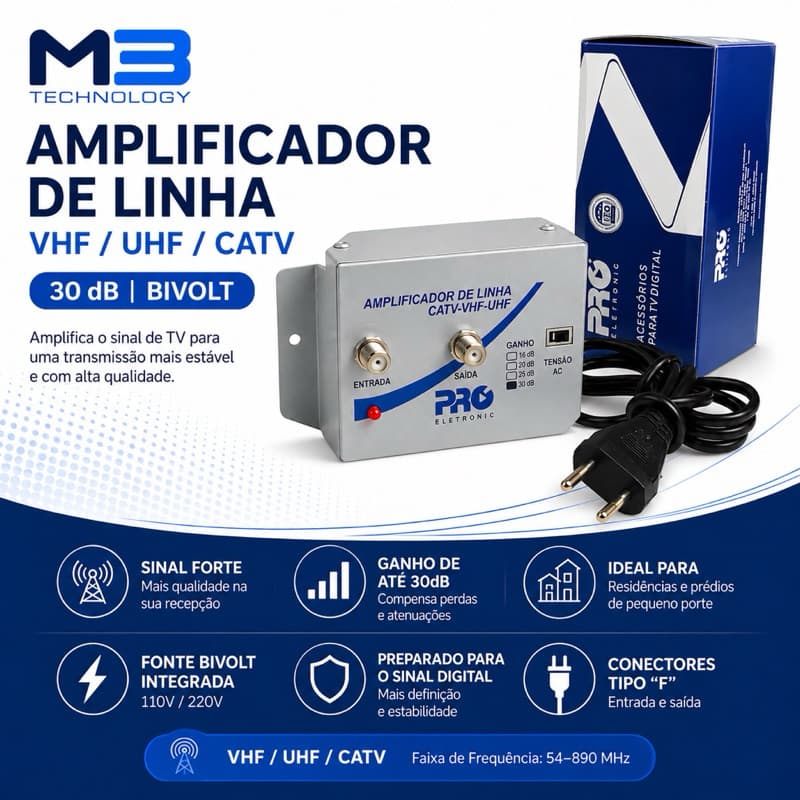 Amplificador de Linha TV Digital 30dB Bivolt VHF UHF CATV Sinal Digital HDTV