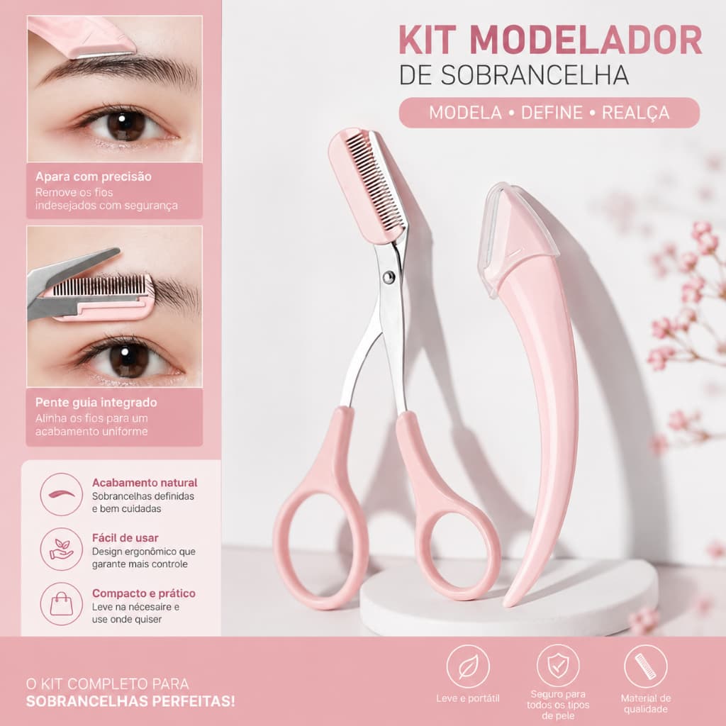 kit profissional design de sobrancelha tesoura com pente integrado e navalha de precisão.