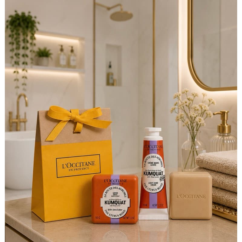 Kit Mini Creme de Mãos 10ml + Sabonete Barra Corporal 50g Kumquat + Caixa Presenteavel Loccitane En Provence