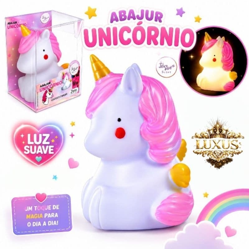 Luminária de Mesa Art House Abajur Unicórnio Branco, Luz Noturna Infantil Rosa menina
