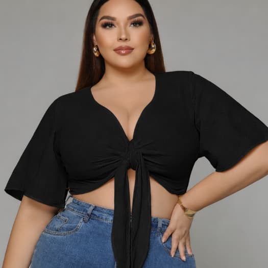 Cropped Feminino Amarrar Plus Size Elegante com Decote Tecido Leve Confortável Colorido Promoção G1 e G2