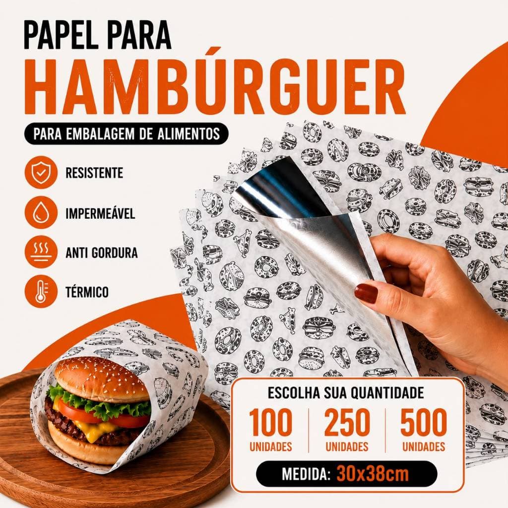 Kit Papel Acoplado Térmico 30x38 Anti Gordura - Hambúrguer Delivery Metalizado para Lanche Fast Food C/100 250 500