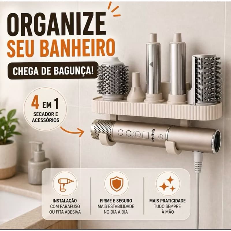 Suporte para Secador de Cabelo Parede 4 em 1 Organizador Banheiro Porta Escova