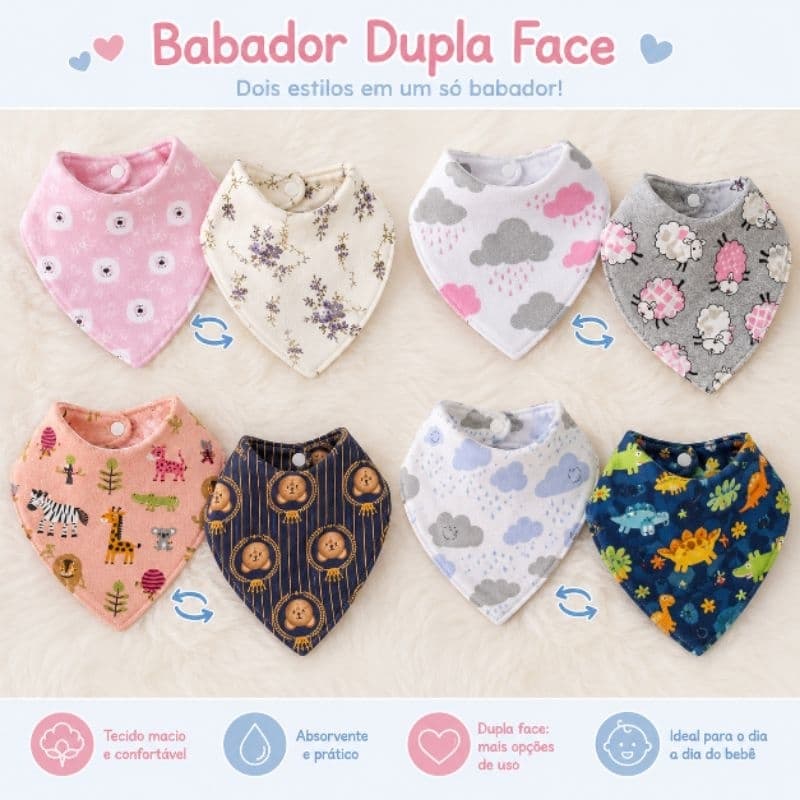 Babador bandana dupla face bebê kit com 5, com tecido % Algodão fechamento com botão várias estampas/atoalhado