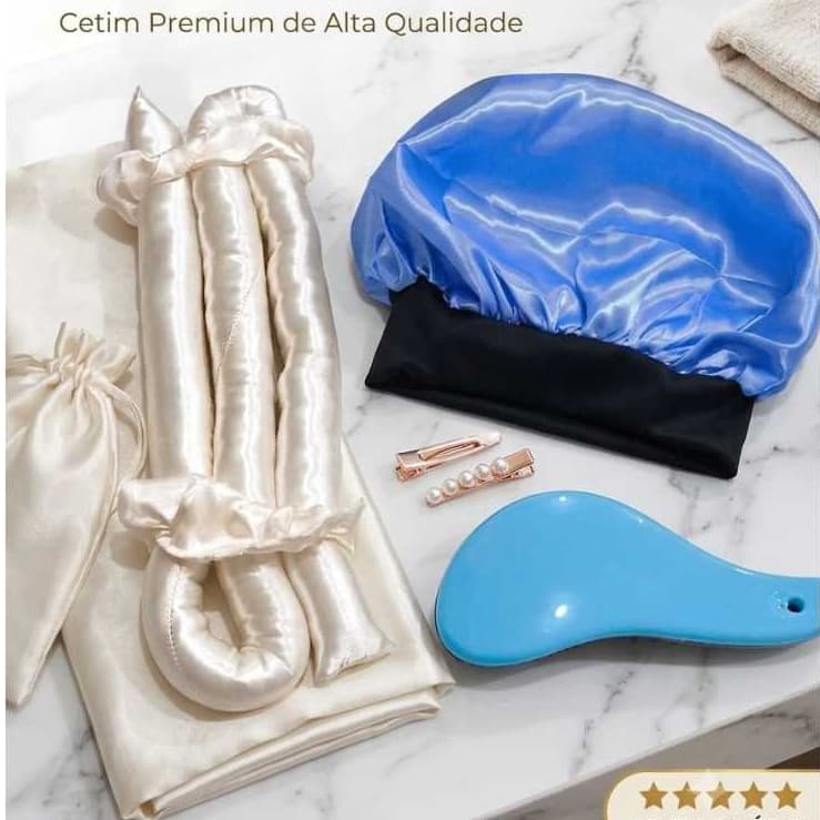 Kit Escova Mágica Alisadora + Touca de Cetim + Modelador de Cachos Sem Calor | Cabelos Lisos ou Cacheados sem Danos