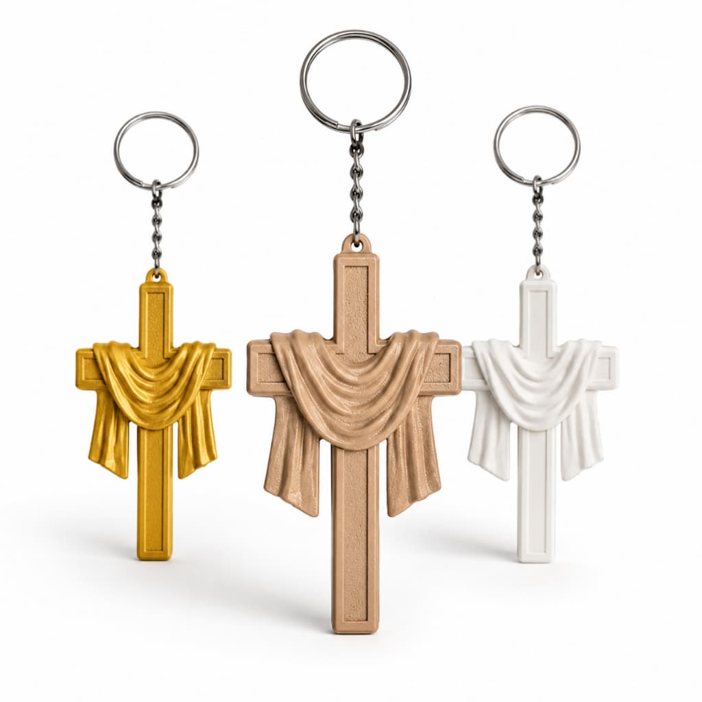 Chaveiro Cruz com Manto 3D Religioso | Lembrancinha Cristã Marrom, Dourado ou Branco