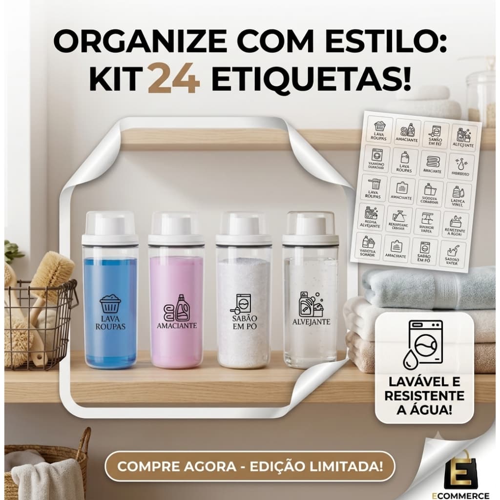 Kit 24 Etiquetas Transparentes Lavanderia - Adesivo Organizador de Produtos de Limpeza Moderna 7x7cm