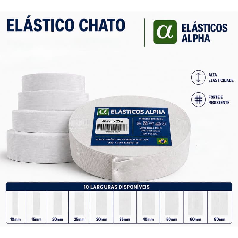 Elástico Chato Embutir Elasticos Alpha Crochê Rolo de Medidas Variadas 40mm x 25m Branco Preto Confecção Moda Artesanato