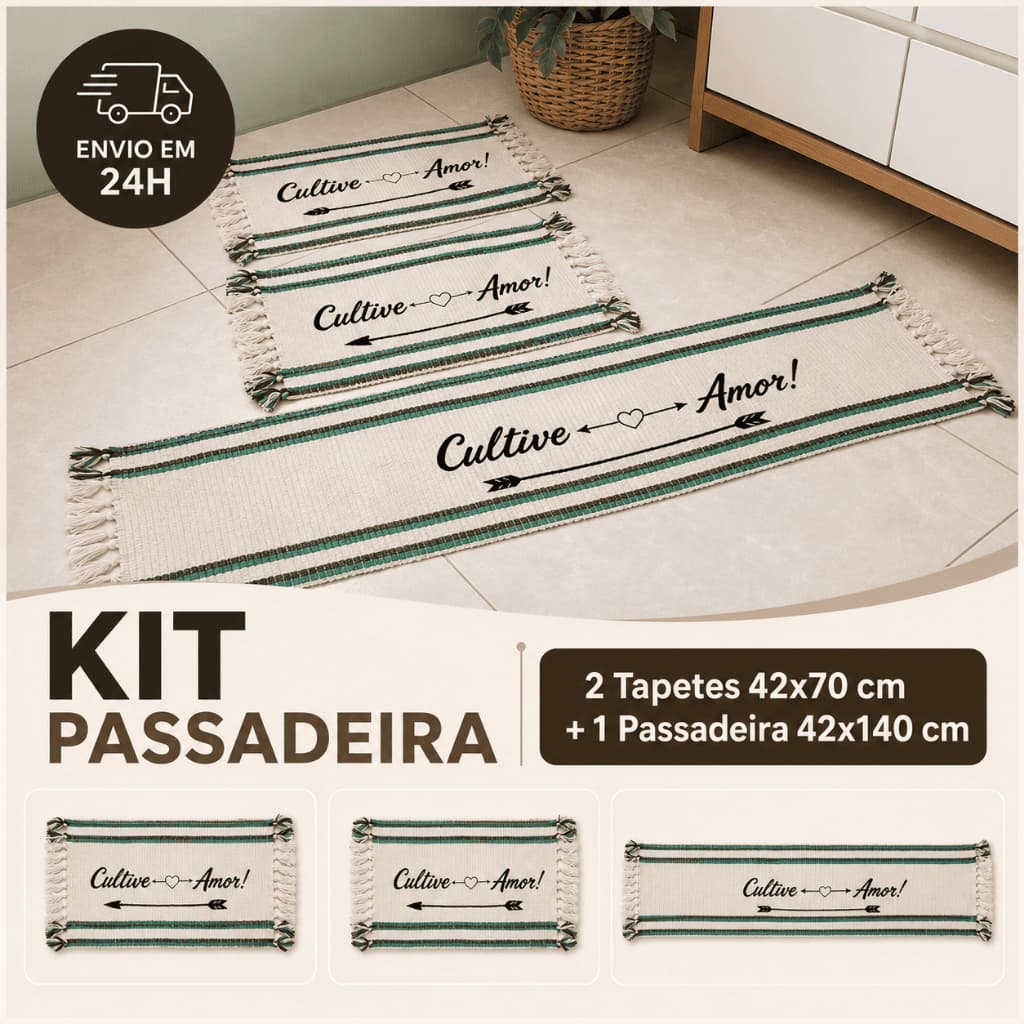 Kit 3 Peças com 2 Tapetes 42x70 cm + 1 Passadeira 42x140 cm