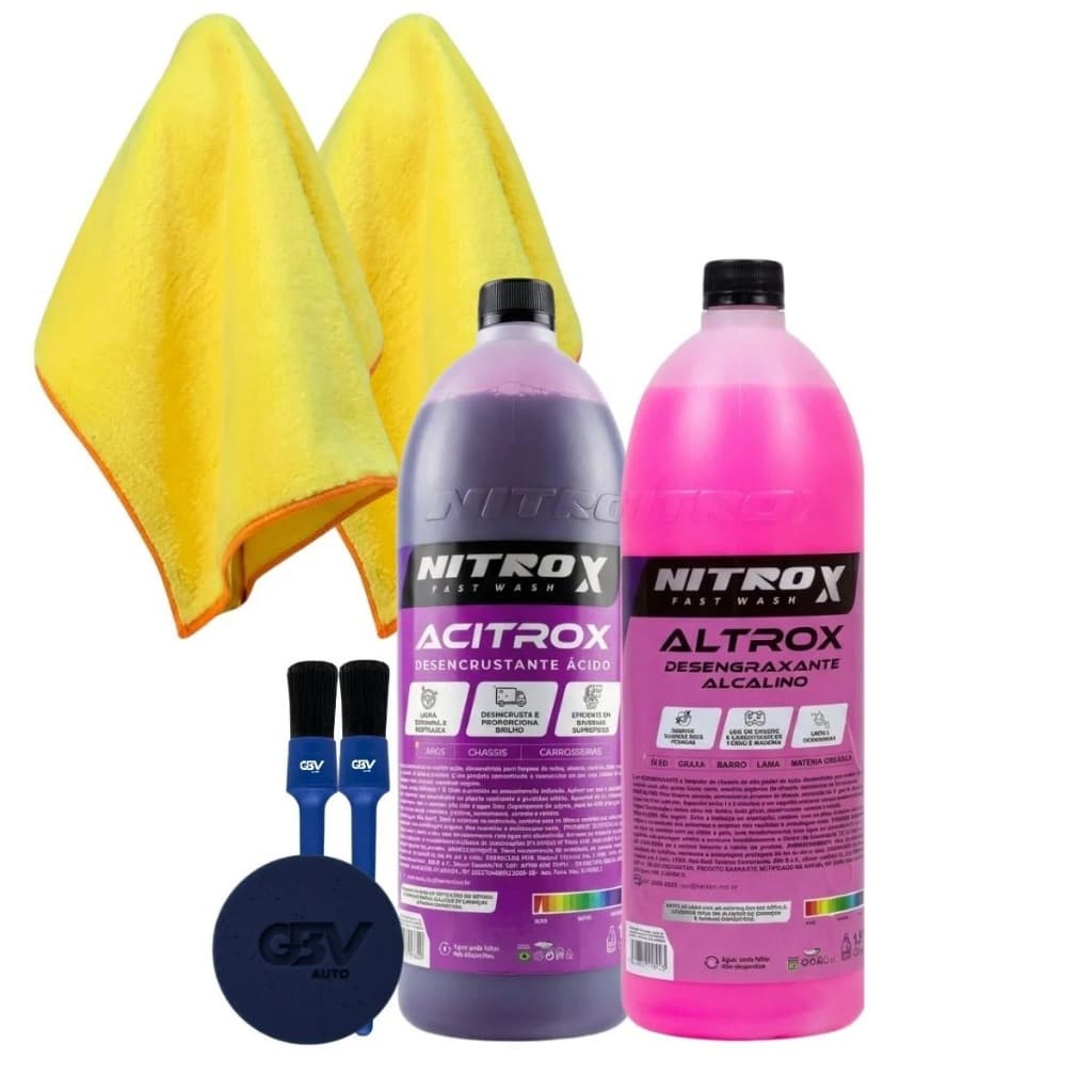 Kit Limpeza E Detalhamento Automotivo C/ Desengraxante E Desincrustante Acitrox e Altrox Pano Microfibra e Pincel Nitrox