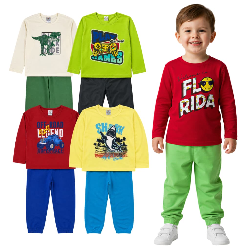 Kit 4 Peças Roupa Infantil Menino Manga Longa Masculino Blusa + Calça 2 Conjuntos Meia Estação