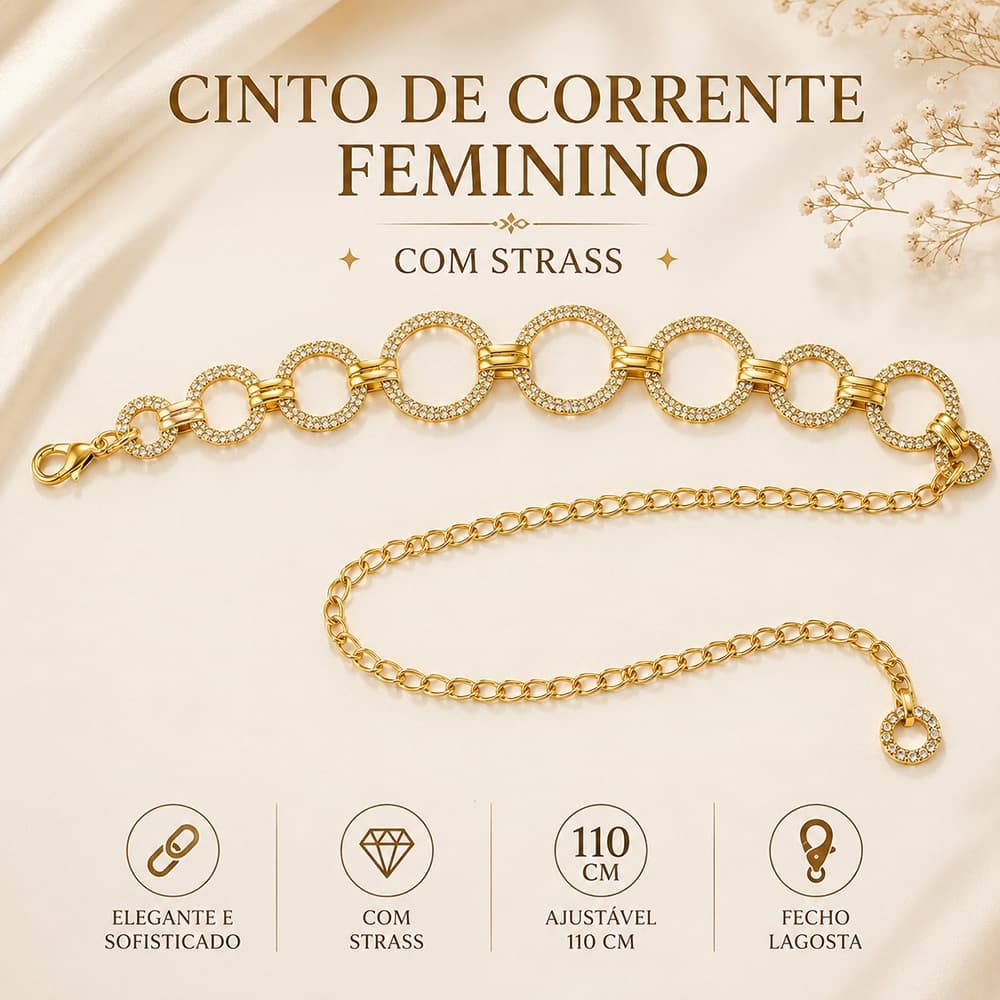 Cinto corrente feminino metal nas cores dourado e prata modelo tendência com pedras de diamante