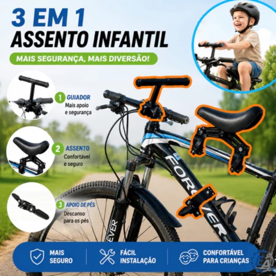 Kit de Assento Dianteiro Infantil para Bicicleta – Com Guidão, Apoios e Almofada