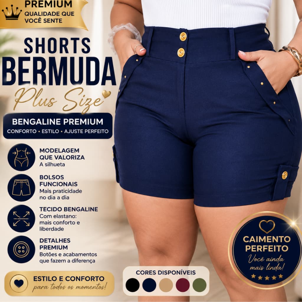 Shorts Bermuda Feminina Plus Size Bengaline Cintura Alta com Botões e Bolsos Cargo Modeladora Social Premium