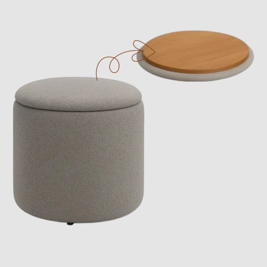 Puff Baú Redondo Bouclé com Tampo de Madeira Mesa Lateral Organizador 3 em 1 Decorativo