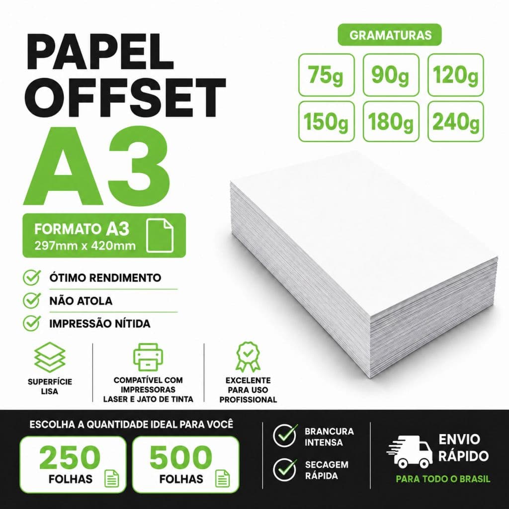Papel Offset A3 Branco 75g 90g 120g 150g 180g 240g | 250 ou 500 Folhas