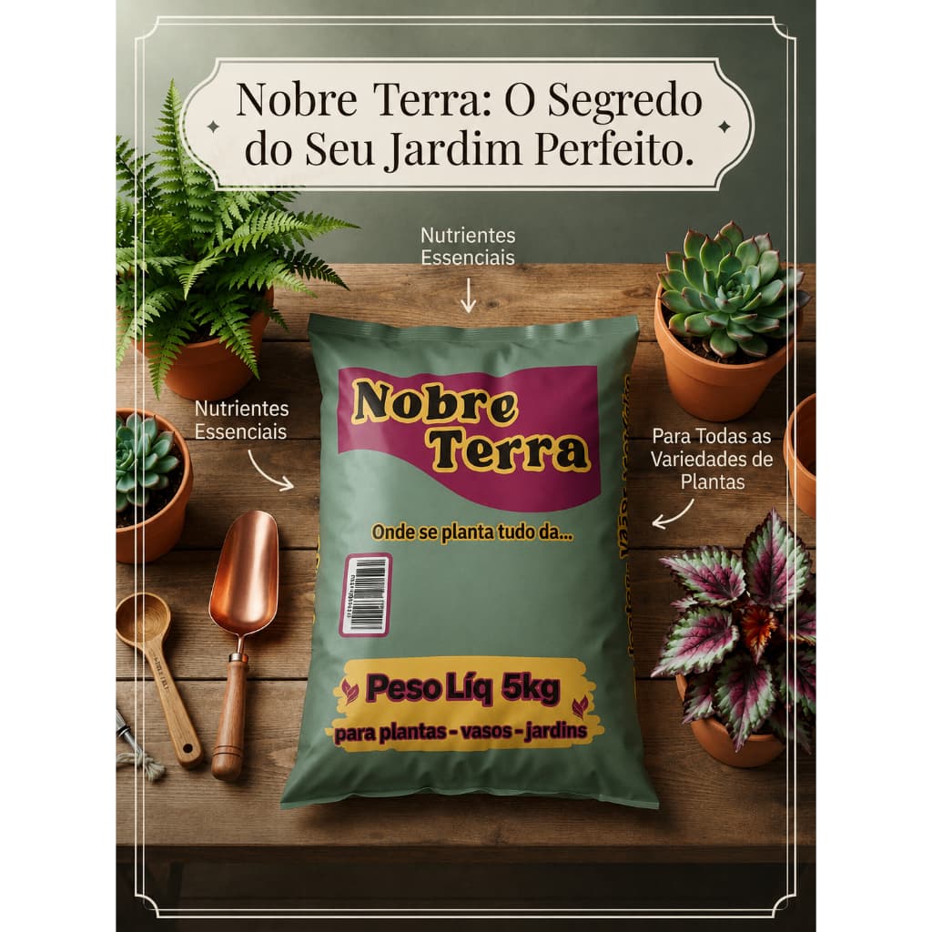 Terra Vegetal Adubada Nobre Terra 5kg Pronta Para Vasos E Jardins Com Nutrientes Essenciais Hortaliças Flores Suculentas
